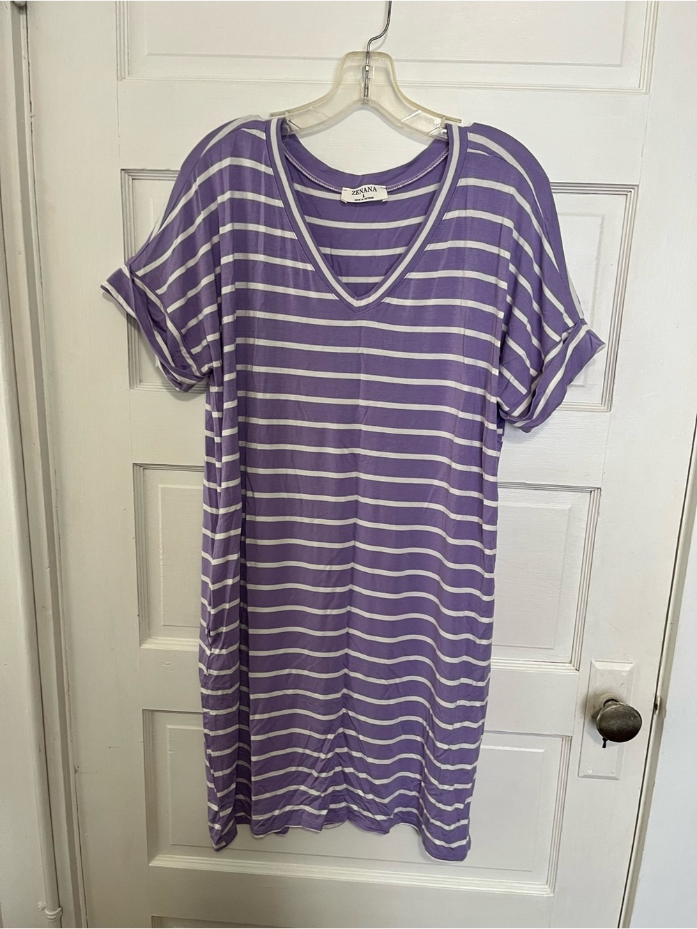 Zenana Lavender & White Striped V-Neck Tee Dress L